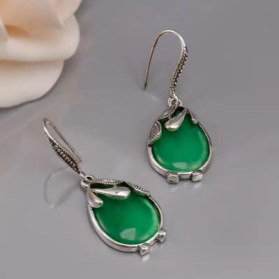 Huajie Elegant Green Stone Water Droplets Earrings for Women Ancient Silver Edging Banquet Ear Accessories Trend