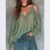 T-shirt Casual da Donna S Scollo a V Spalle Scoperte Maniche a Pipistrello Ampia Monocolore