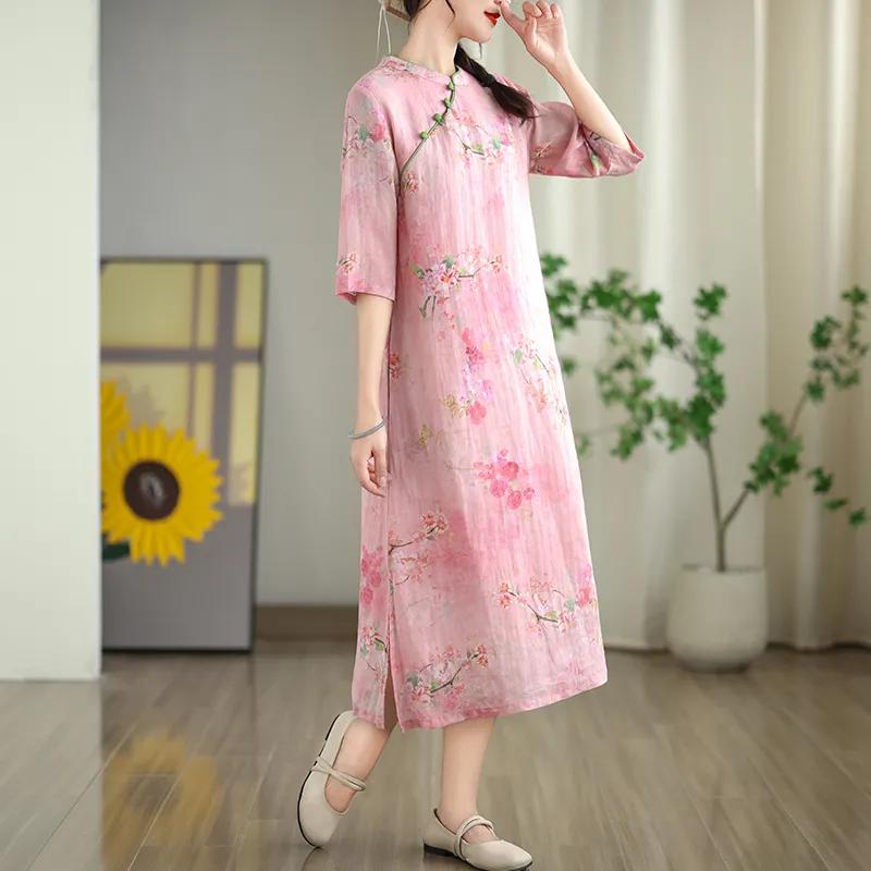 Chinese Style Retro Improved Hanfu Dress Art Ramie Printed Cheongsam Zen Dress National Style  Qipao Women