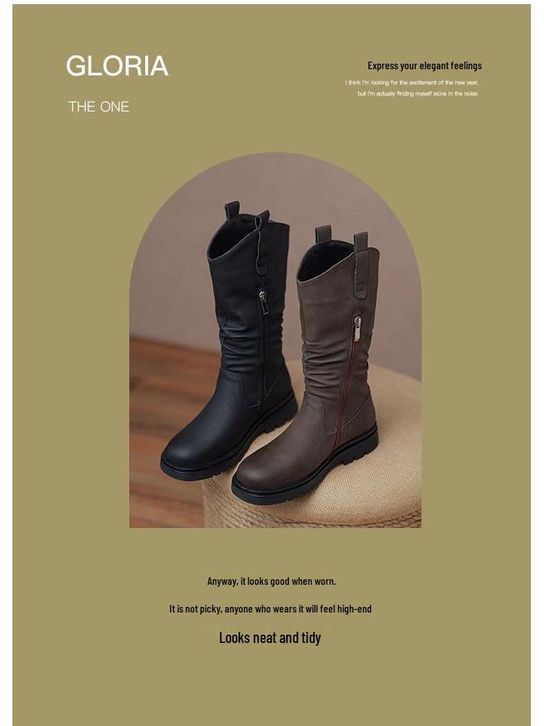 Dámské kozačky do půli lýtka s plochým podpatkem 2025 - Nový jarní a podzimní styl se sametovou podšívkou, ideální k sukním