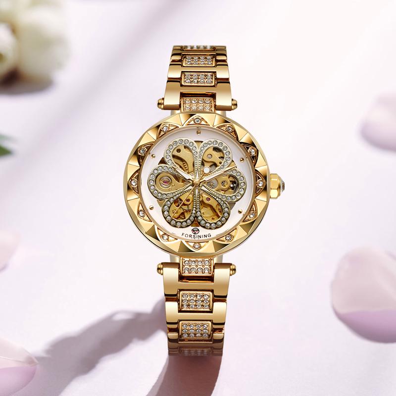 FORSINING Luxury Women's Automatic Watch Flower Skeleton Ladies Mechanical Wristwatch with Diamond Cut Bezel & Crystal Bracelet
