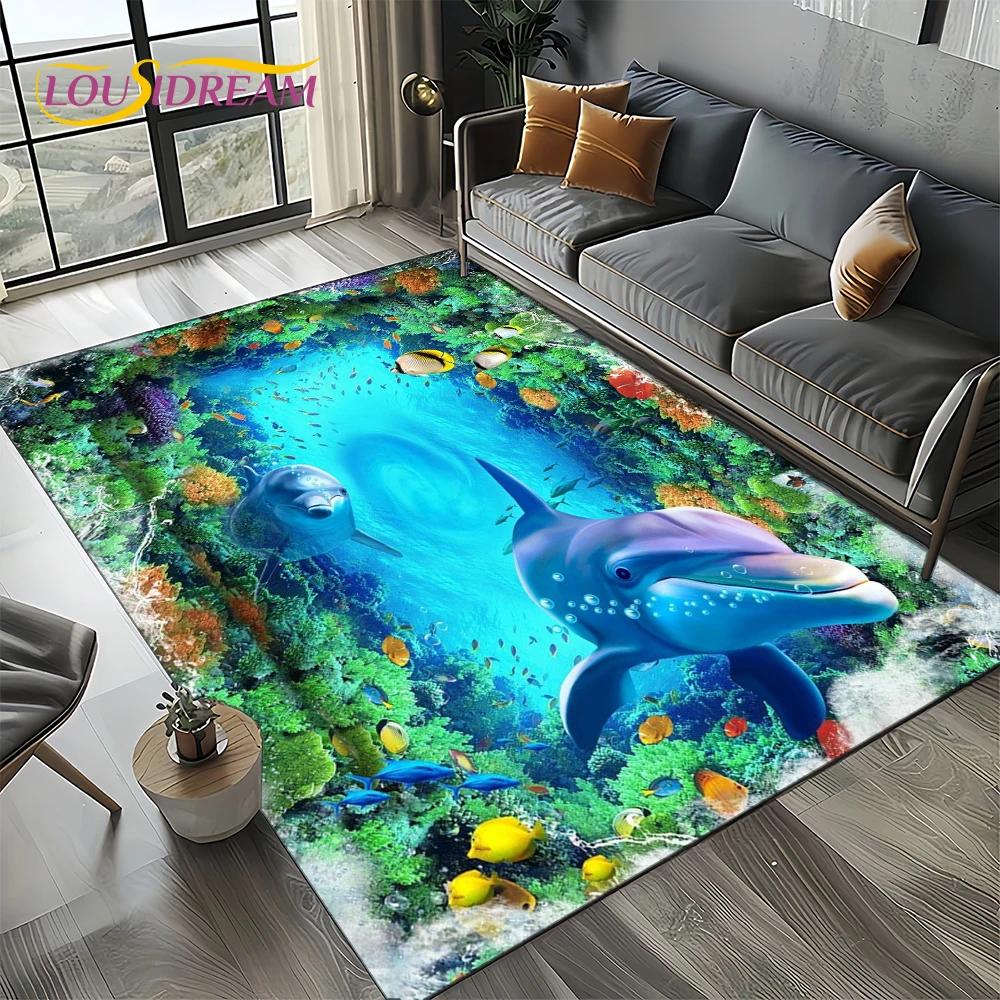 Underwater World 3D Illusion Seabed Cartoon Shark Dolphin Carpet Rug for Living Room Bedroom Home Sofa Decoration,Floor Mat Kid