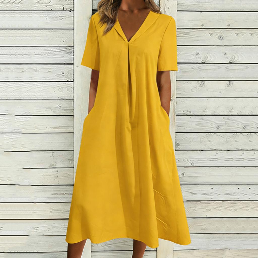 Women's Summer Fashion Casual Cotton-Linen Blend V-Neck Pocket Short-Sleeve Dress