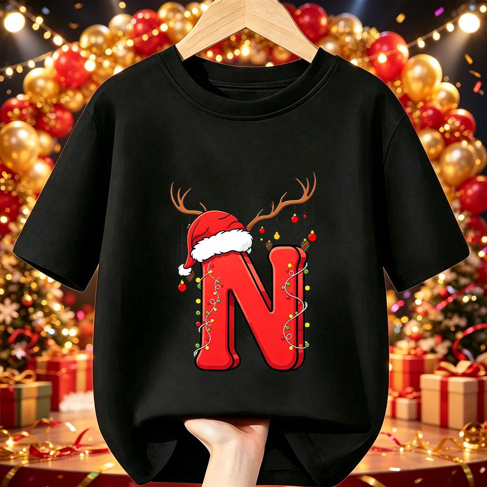 Cotton Kids Christmas T‑Shirt Cartoon Santa Antlers String Light A‑Z Print Short Sleeve O‑Neck X‑mas Party Tee Children Clothing