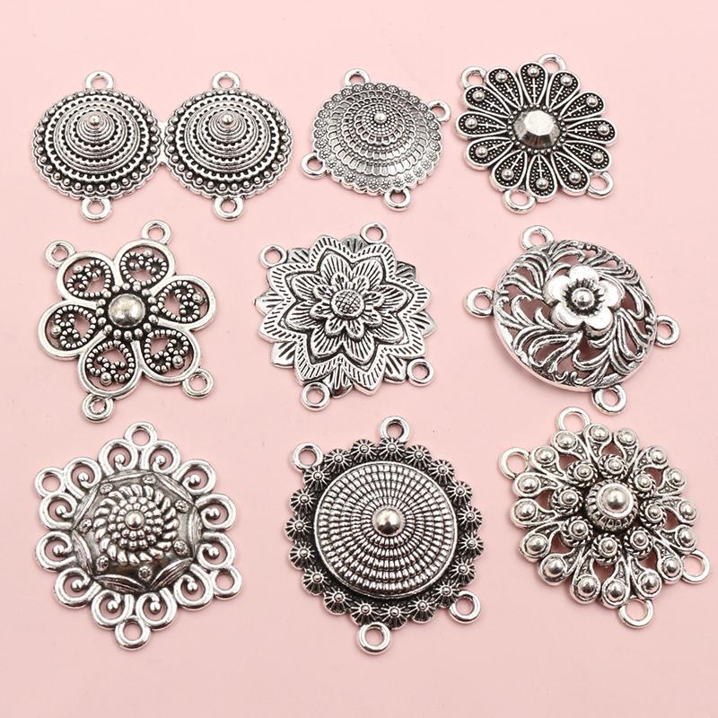 10pcs Antique Silver Plated Boho Vintage Flower Connector Charms Pendant DIY Jewelry Making Accessories Findings