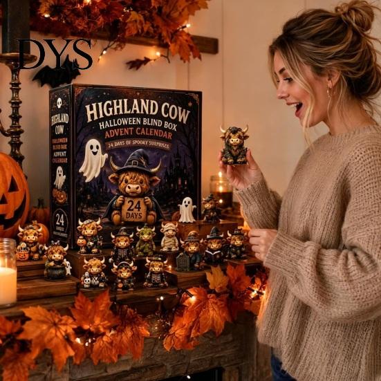 Halloween Countdown Gift Box Highland Cow Advent Calendar, 24 Days Desk Decorations with 24Pcs Figurines, Spooky 2026 Calendar