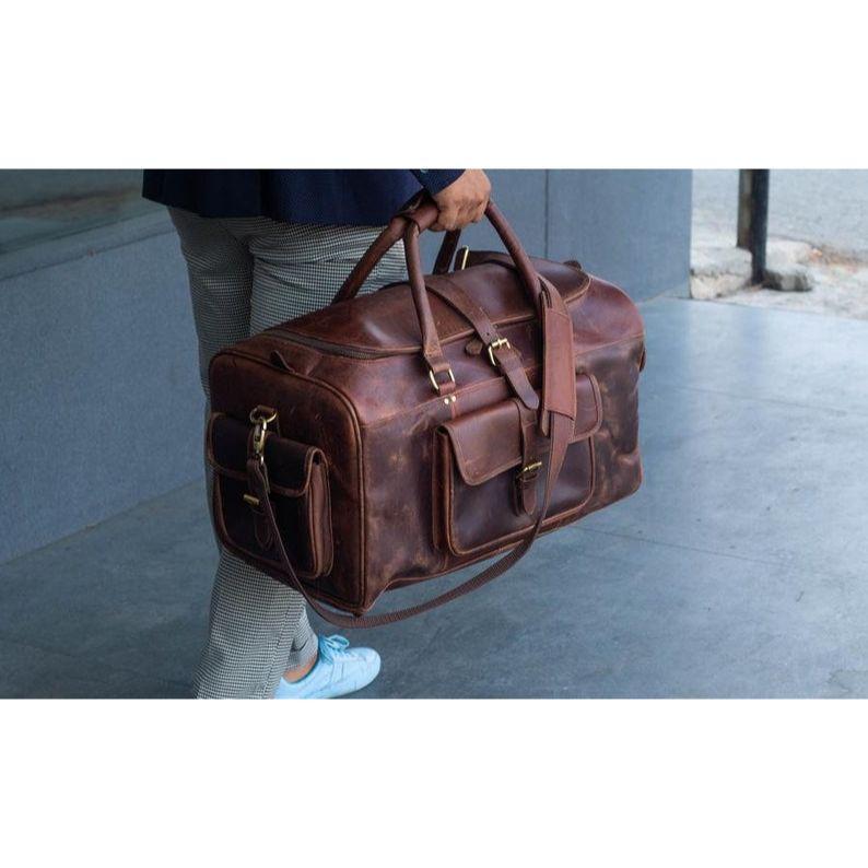 Monogrammed Leather Duffle Bag|Personalized Fathers Day Gift for Dad|Leather Weekend Bag Men|Carry On Leather Travel Bag|Leather Holdall