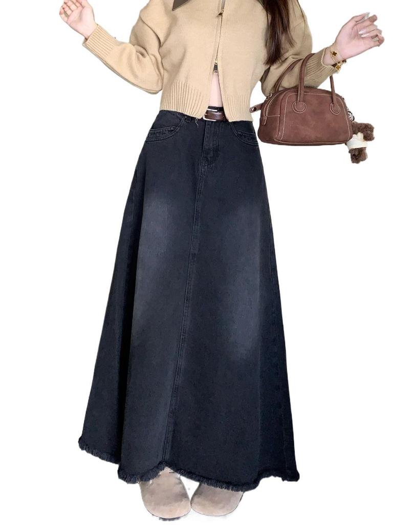 Black Retro Washed Denim Frayed High Waist A-Line Midi Skirt for Women - Autumn Design