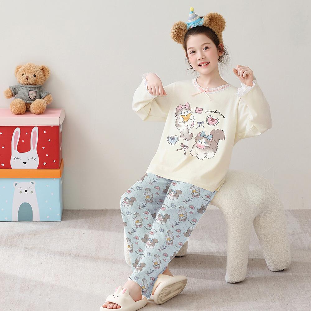 Korean Girls' Lace Long-Sleeve Cotton Pajama Set - Medium & Large Sizes for Spring/Autumn
