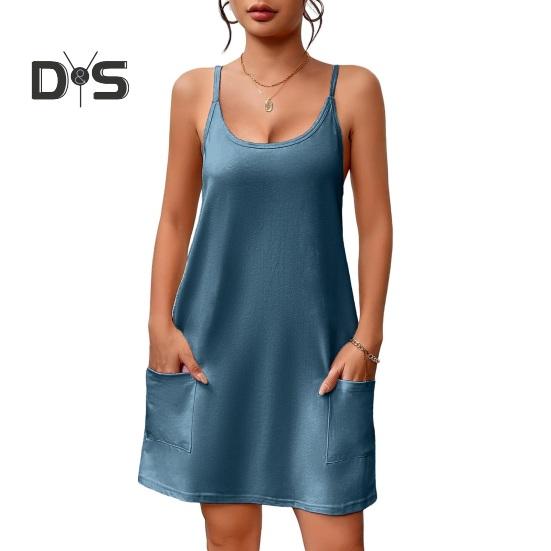 Damen Nachthemd Ärmelloses Chemise Pyjamakleid Spaghettiträger Racerback Tankkleid mit Taschen Sommer Lockere Nachtwäsche