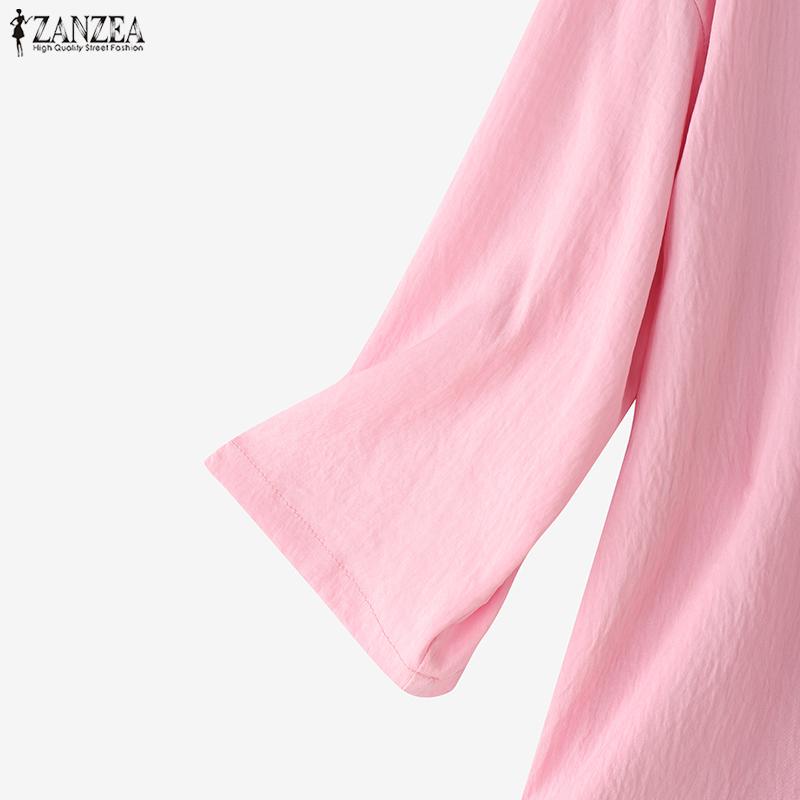 ZANZEA Blusa Casual de Mujer de Cuello Redondo Suelta de Manga 3/4 Lisa