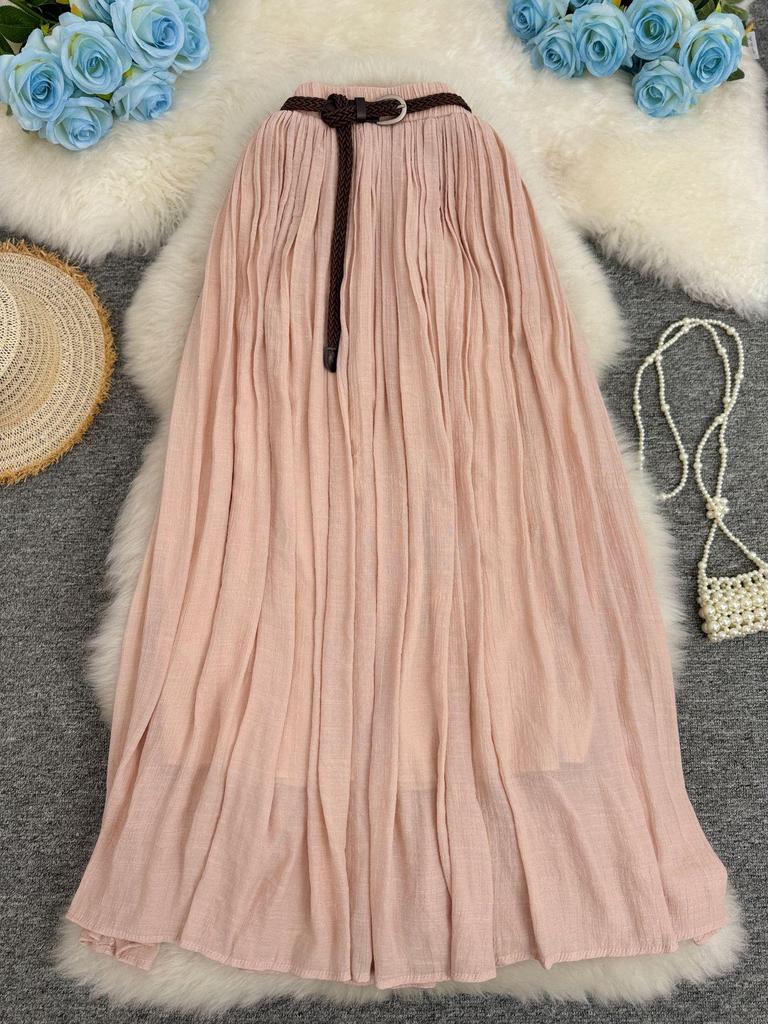 European & American A-line Pleated Cotton Linen Skirt with Elastic Waist - Mid-Length, Versatile, Women's
