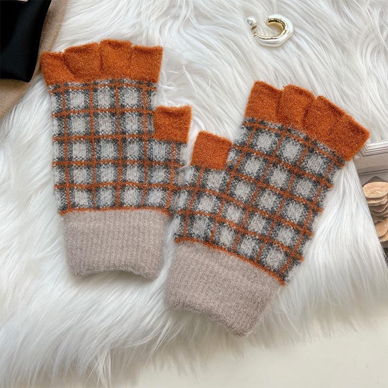 Warm gloves, women's autumn and winter knitted wool, contrasting colors, plaid, velvet, half fingers, half fingers, half fingers, students