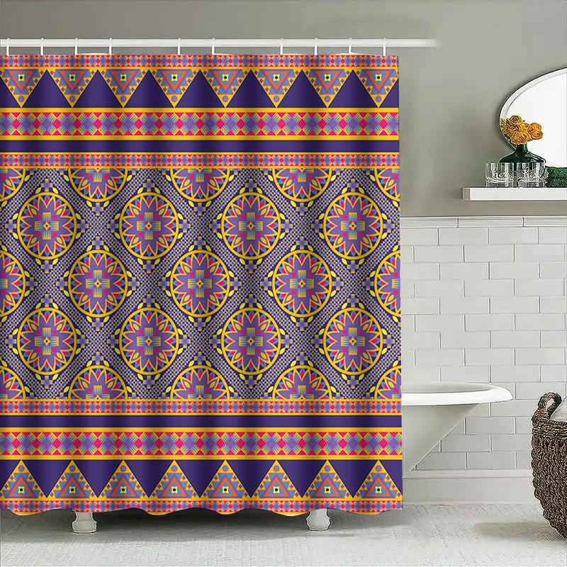 Vibrant Bohemian Shower Curtain With Geometric Patterns For Bathroom Decor Purple Pink Blue Yellow Orange Floral Design Bath Rug