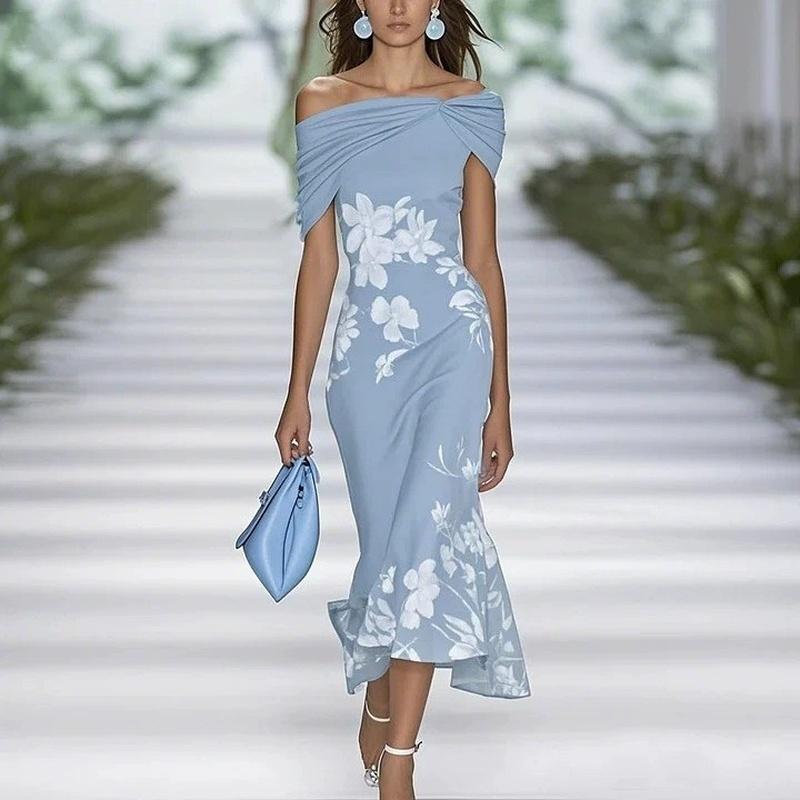 Women's Off Shoulder Floral Print Midi Dress Short Sleeve Slim Fit Elegant Dress