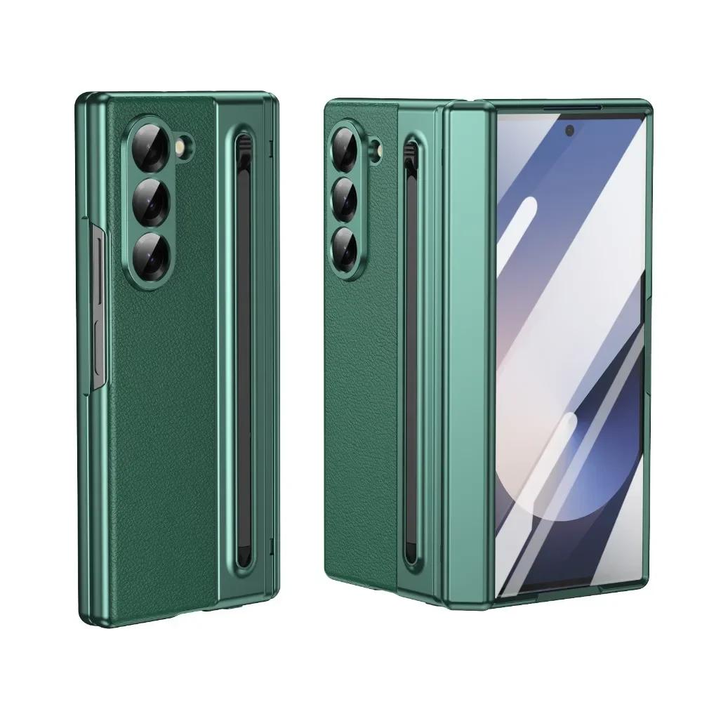 Luxury Plating Matte AG Pen Slot Leather Case For Samsung Galaxy Z Fold 7 6 5 4 3 Screen Film Hinged Shockproof Protector Cover