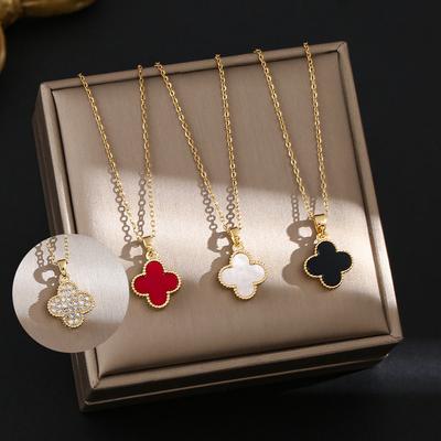 Classic Four-Leaf Clover Titanium Steel Necklace Women Positive And Negative Can Be With Micro-Set Zirconia Hundred With Collarbone Chain