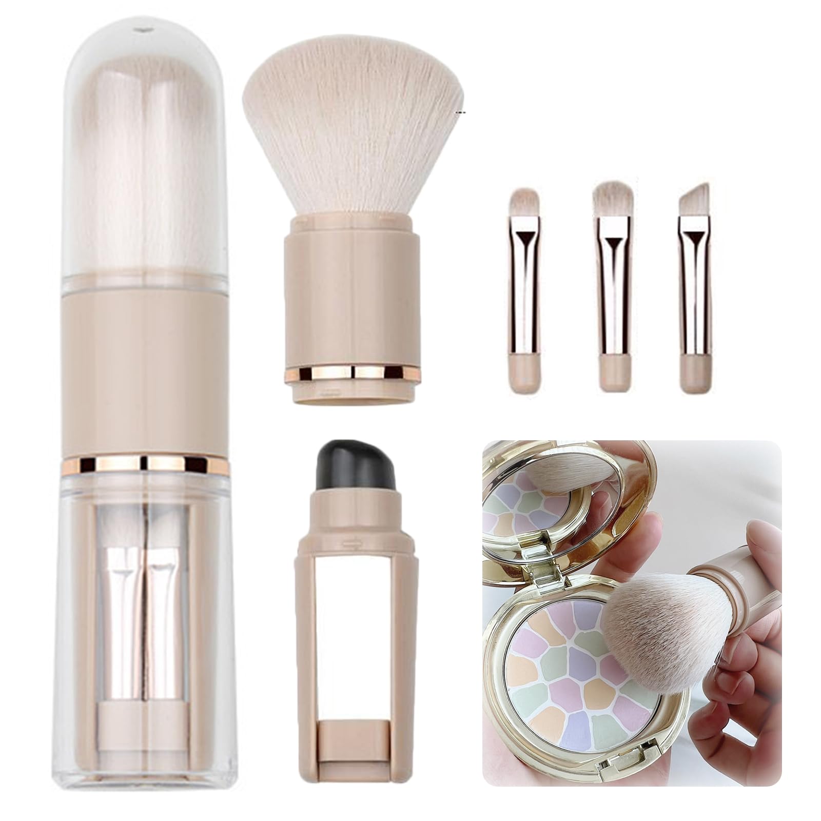 

YANHUILAY Портативні пензлі для макіяжу Включають пензлі для пудри, макіяжу очей і силіконову кисть для губ. Щільно набиті щетинки для чудового нанесення пудри. Багатофункціональний інструмент для макіяжу