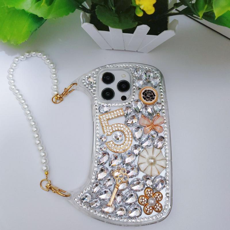 Luxury 14-Diamond Floral iPhone 16 Pro Max Case with Pearl Chain