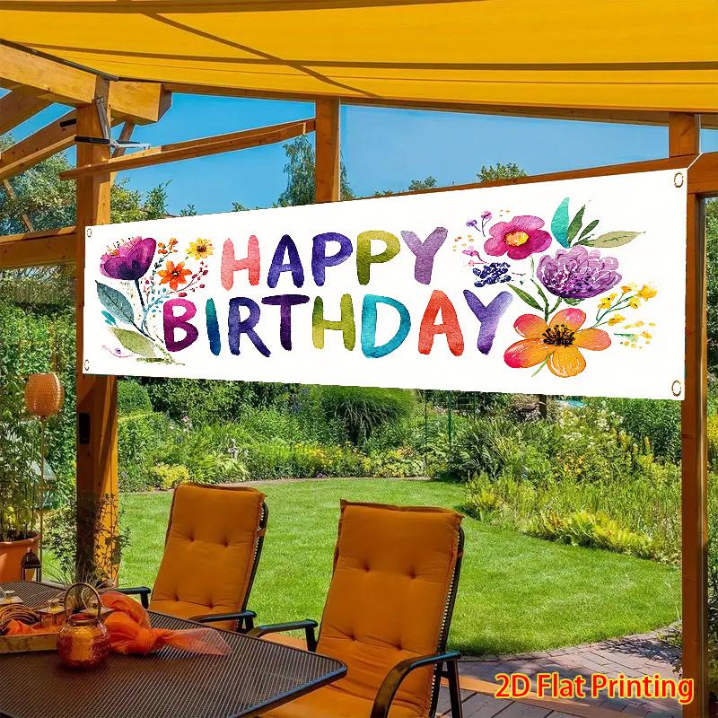 Happy Birthday Banner, Flowers & Happy Birthday Letter Design, Polyester Outdoor Lawn Wall Holiday Party Decoration