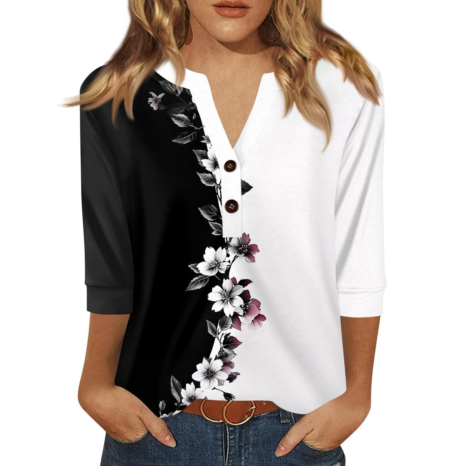 Жен. Футболка С принтом Пуговицы Рукав 3/4 Повседневные Выходные Мода Классический Классический V-образный вырез Обычный Верх L чёрный