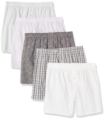 Amazon Essentials 5-Pack Men's Woven Cotton Boxer Briefs/Trunks, Arrow Geo/Olive, Ditsy Floral/Checkered, Bright White, White, XS