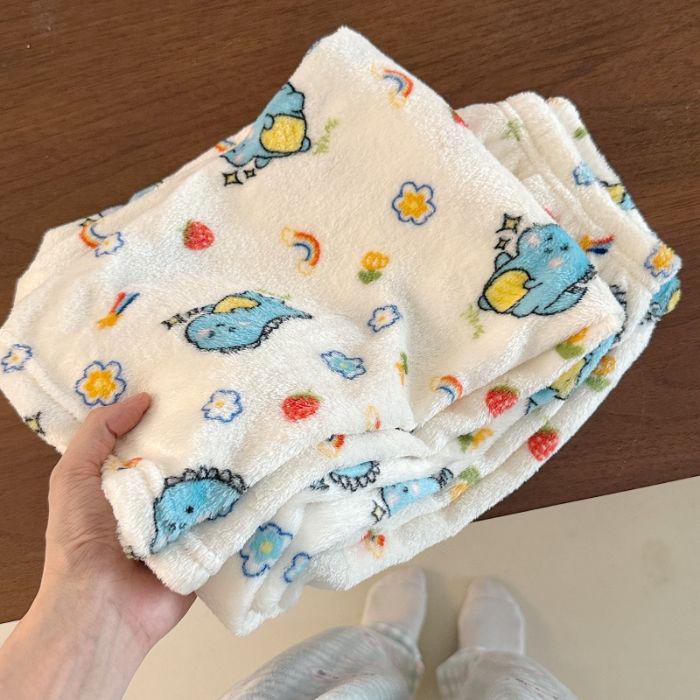 Korean Style Women's Fleece Pajama Pants - Flannel Cartoon Design for Autumn and Winter