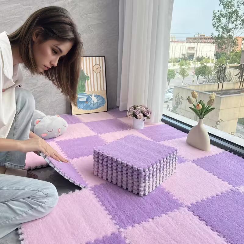Soft Plush Foam Puzzle Mat Carpet Tiles for Living Room Bedroom Baby Play Area Non-Slip Interlocking Floor Rug Baby Play Mat