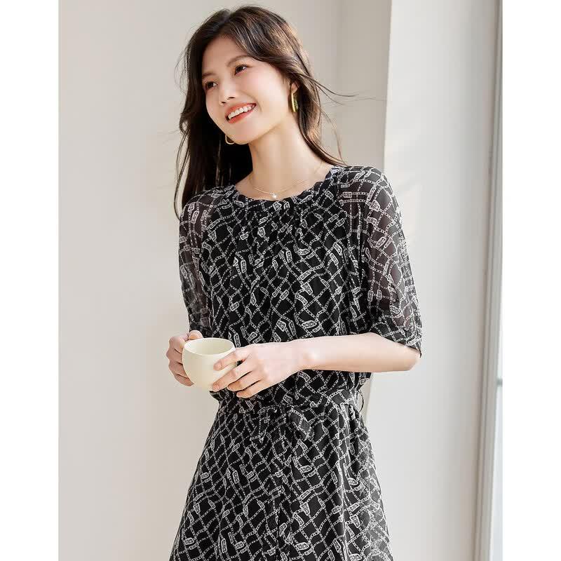 Demana 100% Mulberry Silk Round Neck Short Sleeve Belted Printed Dress