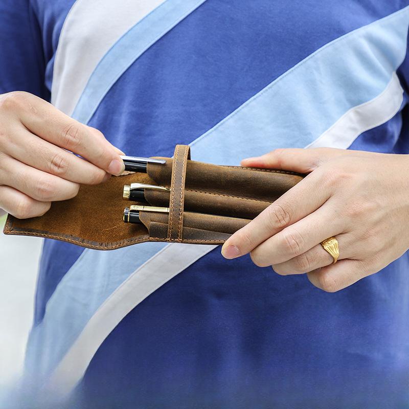 1 Retro Crazy Horse Leather Pencil Case, 2 Pcs, 3 Pcs, Handmade, Personalized and Creative Student Pen Case.