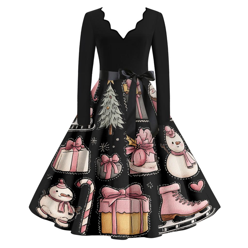 Women's Casual Fashion V Neck Christmas Printed Vintage Dress