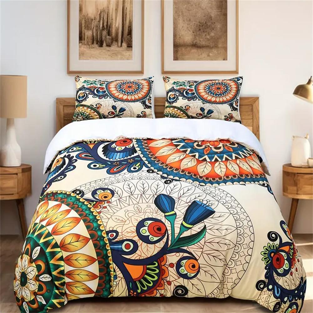

Винтажный цветочный богемный комплект пододеяльника - Мягкое, с индийским принтом мандала, хиппи постельное белье с 2 наволочками в тон - Без наполнителя EU Single 135x200cm