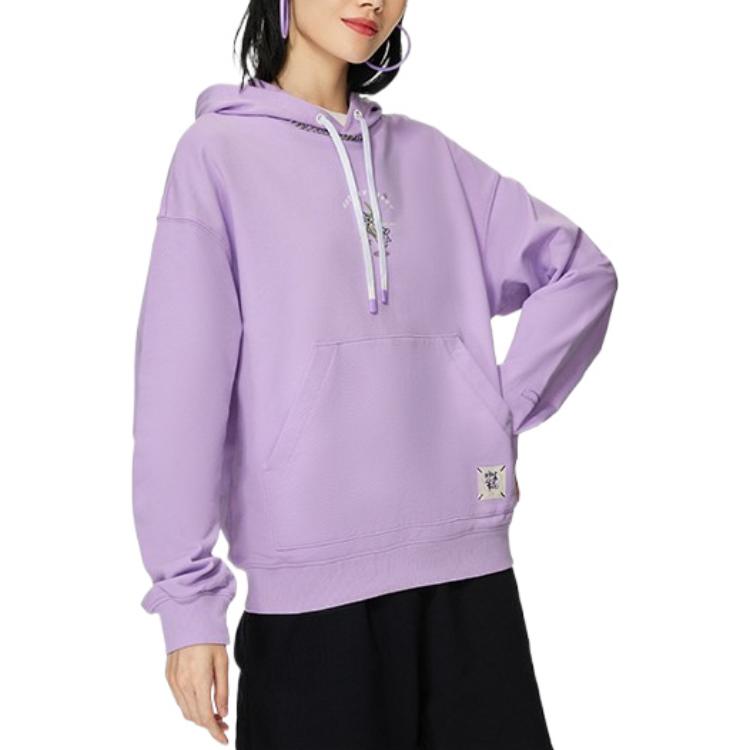 Li-Ning Sports Trend Series Plant Embroidery Loose Hoodie Long Sleeve Sweatshirt Women Tops Purple AWDS920-2