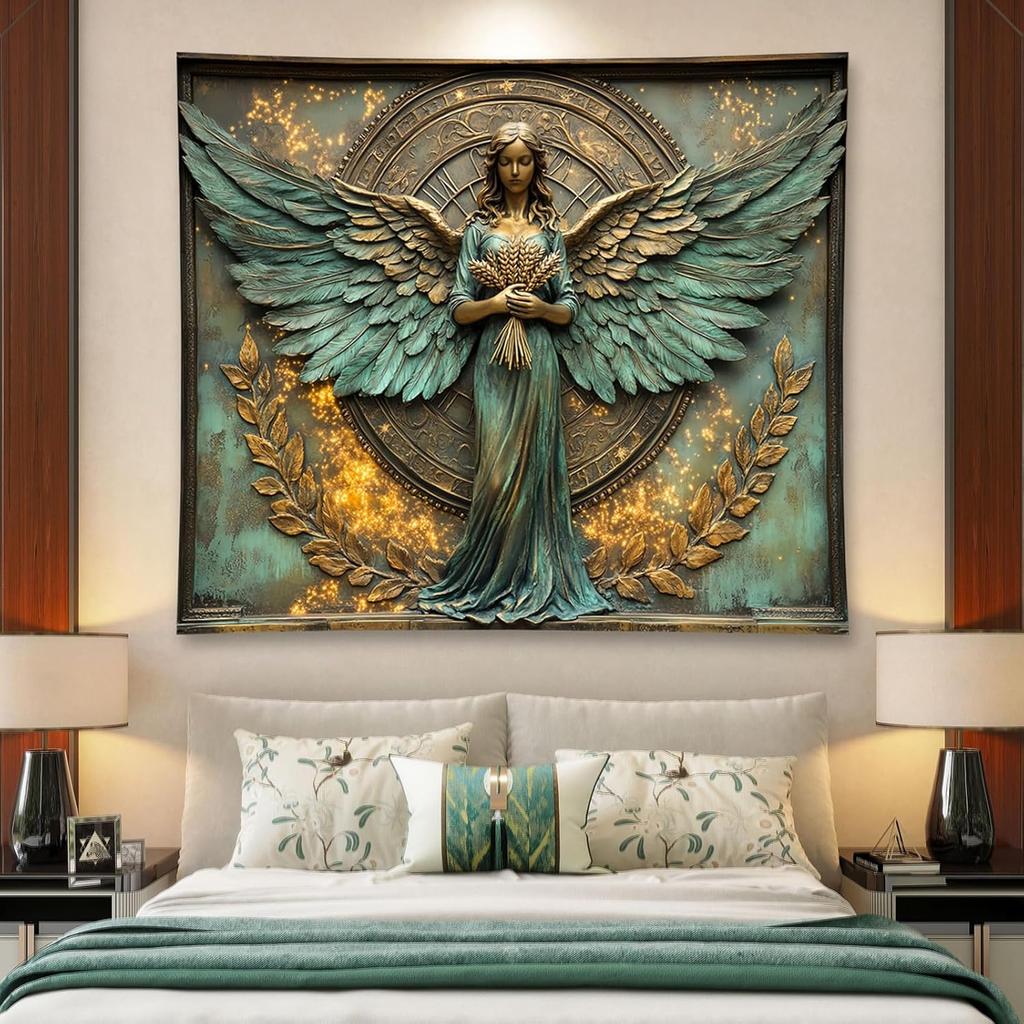 Bronze Angel Statue with Wings and Wheat Wall Art 2D Printing Cloth Spiritual Decor Mythical Figure Home Gallery Tapestry