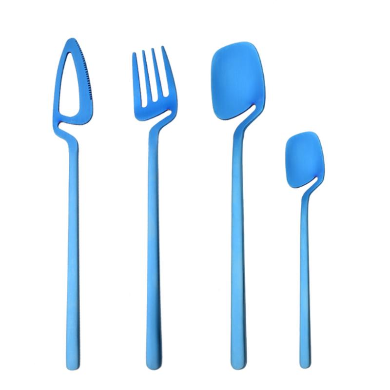 4Pcs Blue Silver Stainless Steel Cutlery Set Kitchen Silverware Dinnerware Knife Fork Spoon Flatware Set Brushed Stain Tableware Utensils