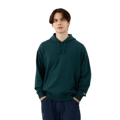 Langes, rundes One Point Logo Relaxed Drop Hooded Dunkelgrün [Champion] Sweatshirt, Ärmel, Hals, Stickerei, Passform, Schulter, Sweatshirt, C8-A122Z Herren,