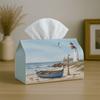 2D Flat, 1pc Coastal Nautical Scenery Vintage Tissue Box, Beach Wooden Boat Lighthouse Seagull, High Quality, Lightweight, Durable, Foldable for Stora