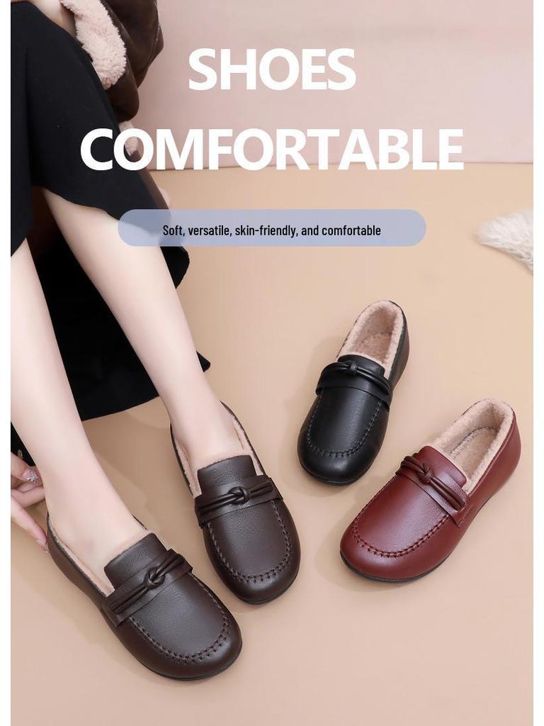 Women's Fleece-Lined Slip-On Leather Boots: Warm, Versatile Short Boots for All Ages