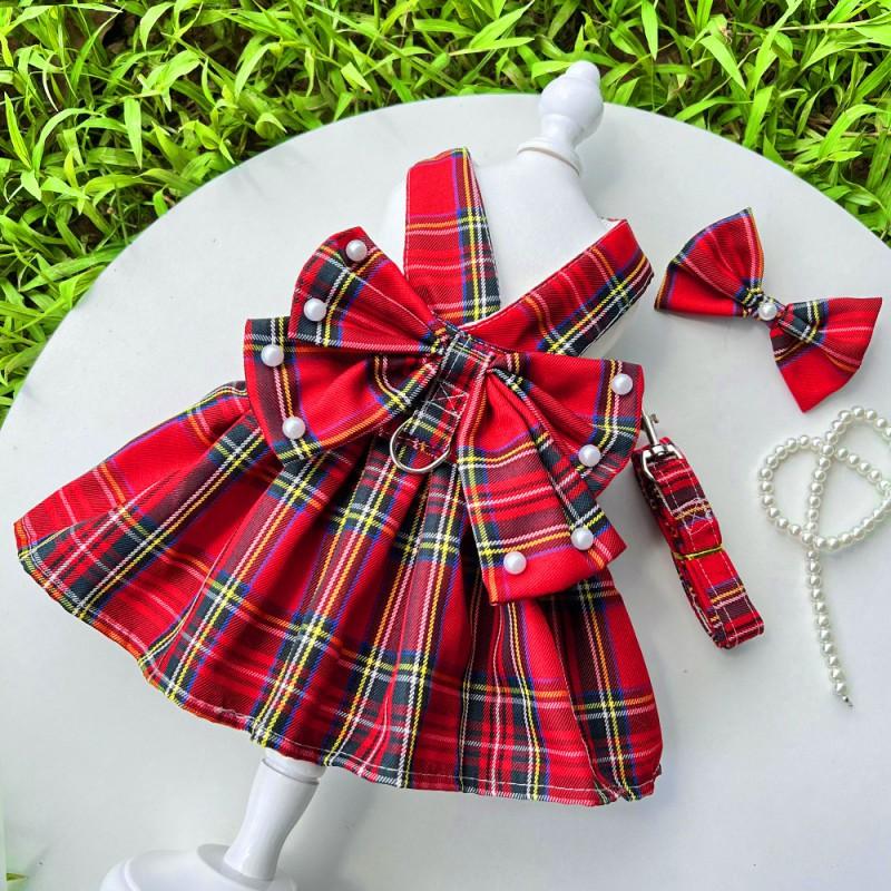 Pet JK Plaid Dress With Harness Loop Small Dogs Cats Teddy Bichon Corgi