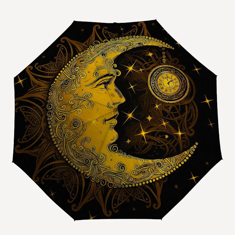 

1PC Moon, Clock Pattern Small Travel Compact Windproof Umbrella, Automatic Folding Umbrella, Automatic Open/Close ,Gift-173