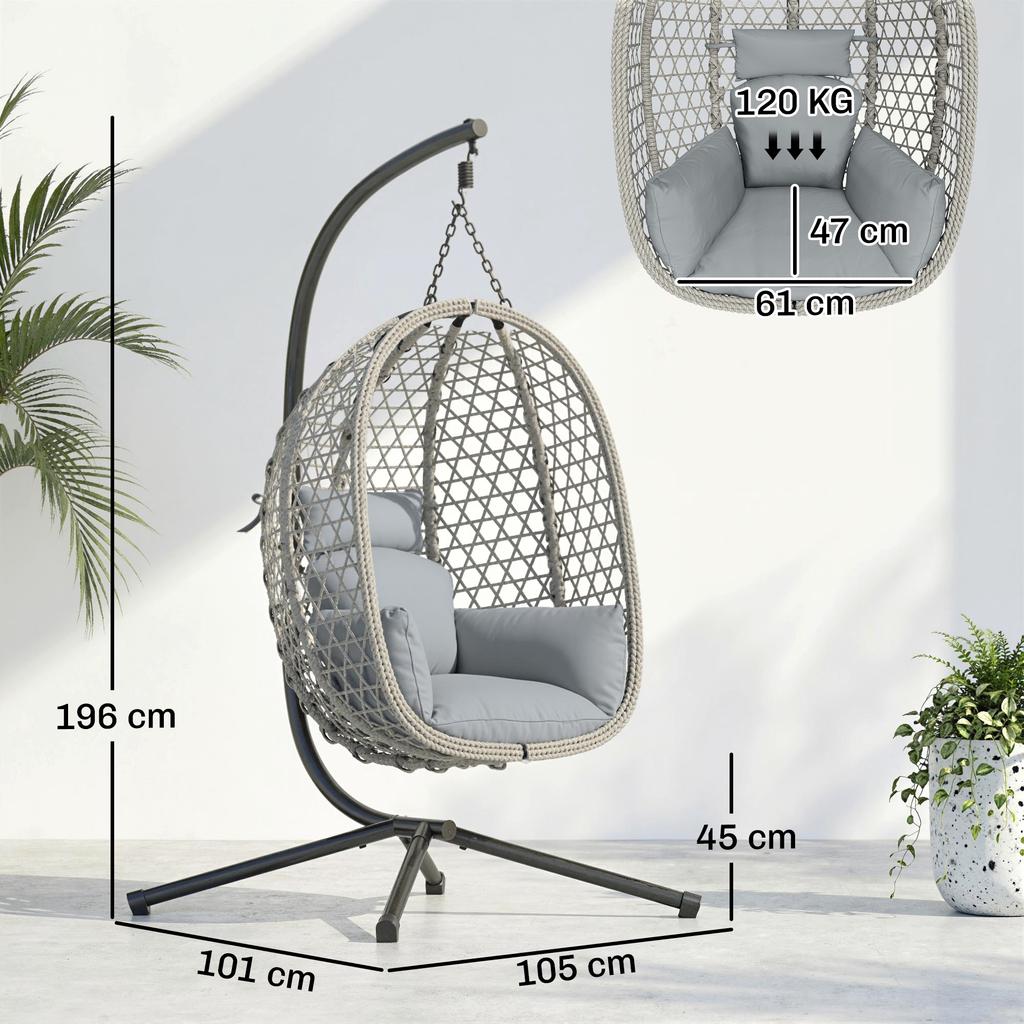Hanging Egg Chair, Indoor Outdoor Rattan Hammock Swing Chair with Stand, Safety Strap, Foldable Basket, Light Grey