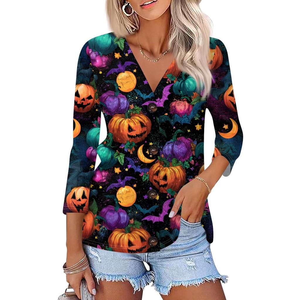 Damenmode Lässiges bedrucktes Button-Down-Hemd 3/4 lange Ärmel Oberteile