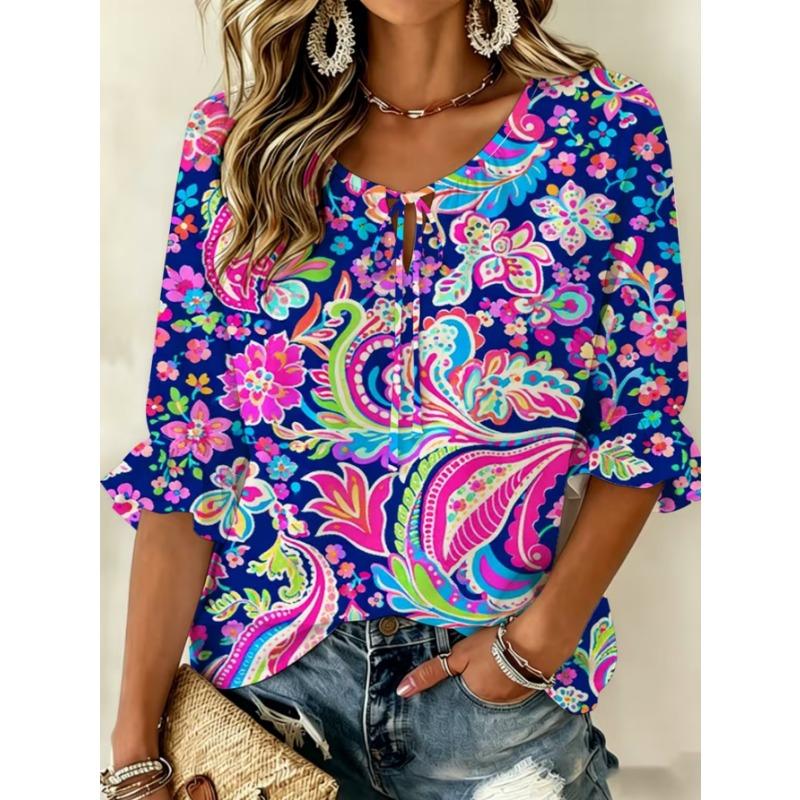 Women's elegant printed lace-up flared top, stylish and versatile, comfortable and skin-friendly