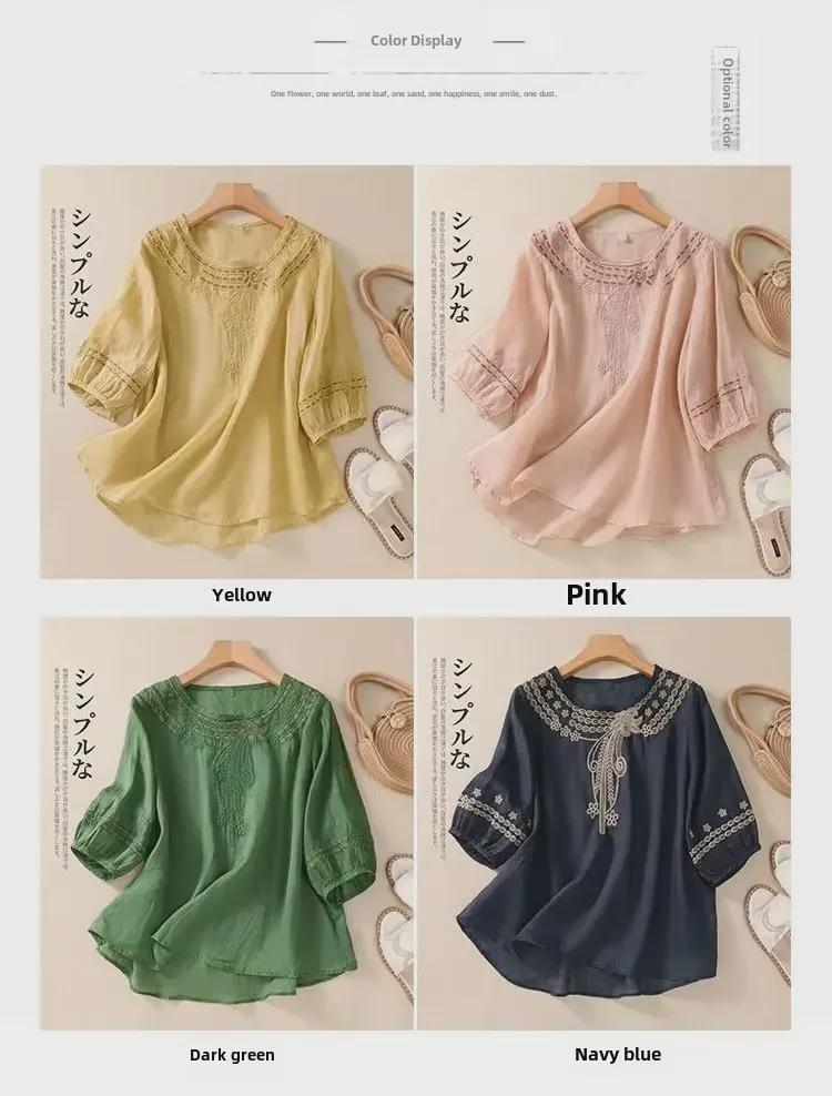 2024 Spring/Summer Loose Retro Embroidered Cotton-Linen Half-Sleeve Women's Shirt