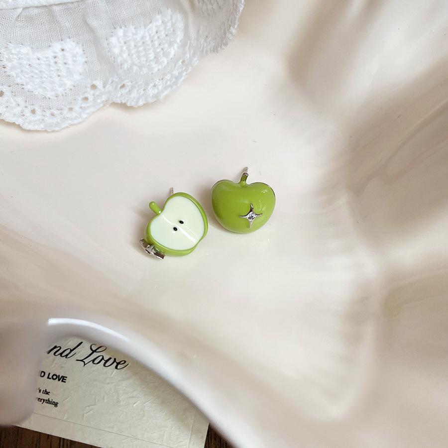 Green Enamel Cubic Zirconia Starburst Apple Stud Earrings for Women Daily Fashion Jewelry