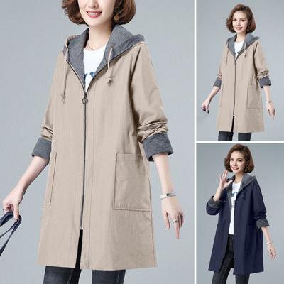 Spring Fall Women Jacket Hooded Long Sleeves Drawstring Plus Size Pockets Zipper Closure Windbreaker Mid Length Solid Color Big Pockets Windproof Warm