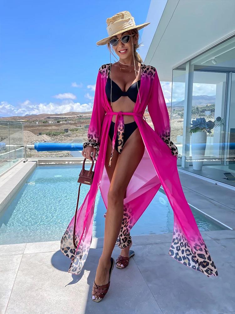 Leopard Print Beachwear Bathing Suit Coverup Plus Size Chiffon Long Sleeve Maxi Dress Open Front Kimono Cardigan Lightweight Tunic Belt Outfit A2705