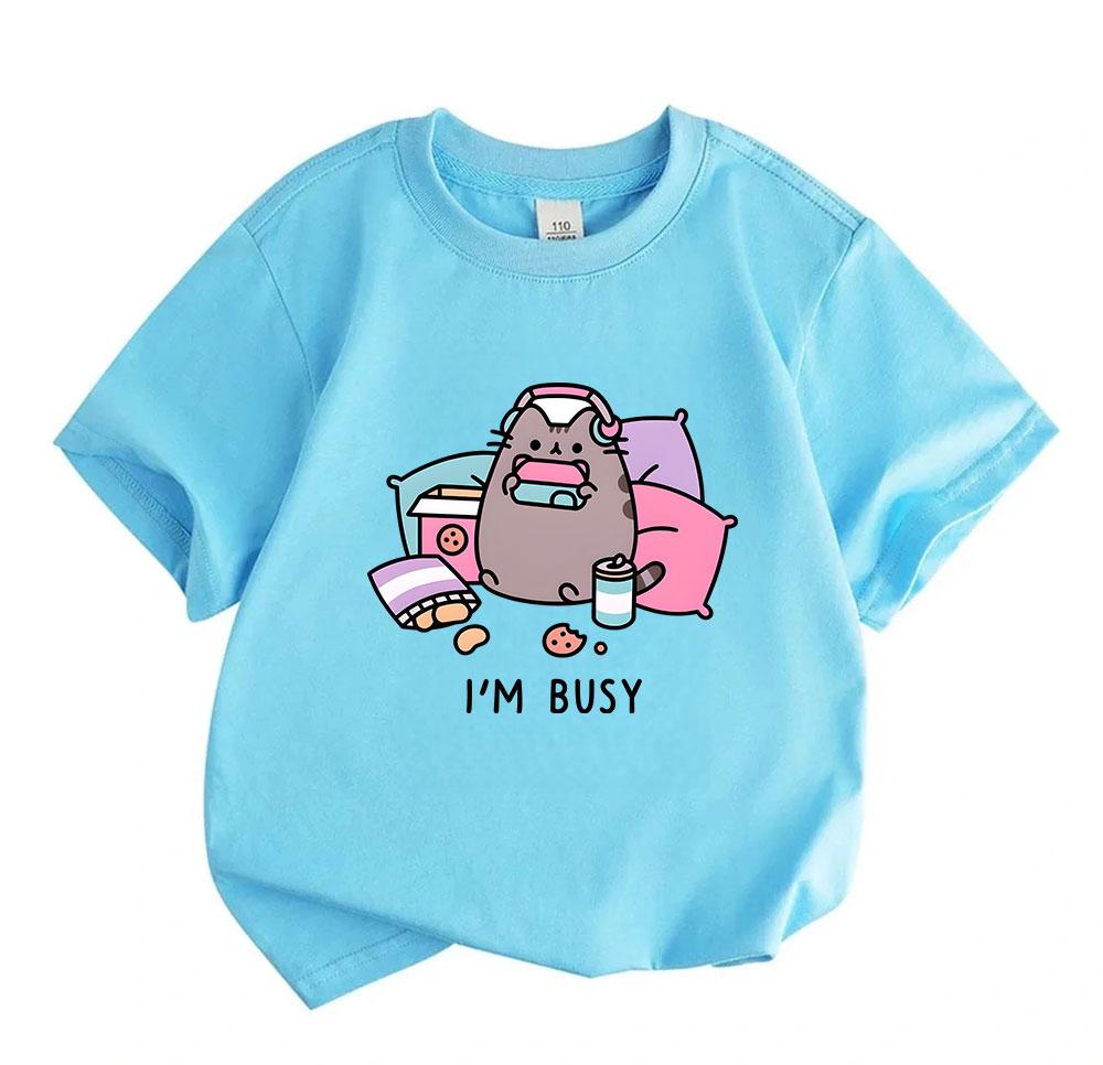 Kids Boys Girls 100% Cotton Crew Neck Short Sleeve T-Shirt, Cute Gaming Fat Cat Print Casual Funny Shirt, Comfy Tees for Daily Wear Leisure Home Party