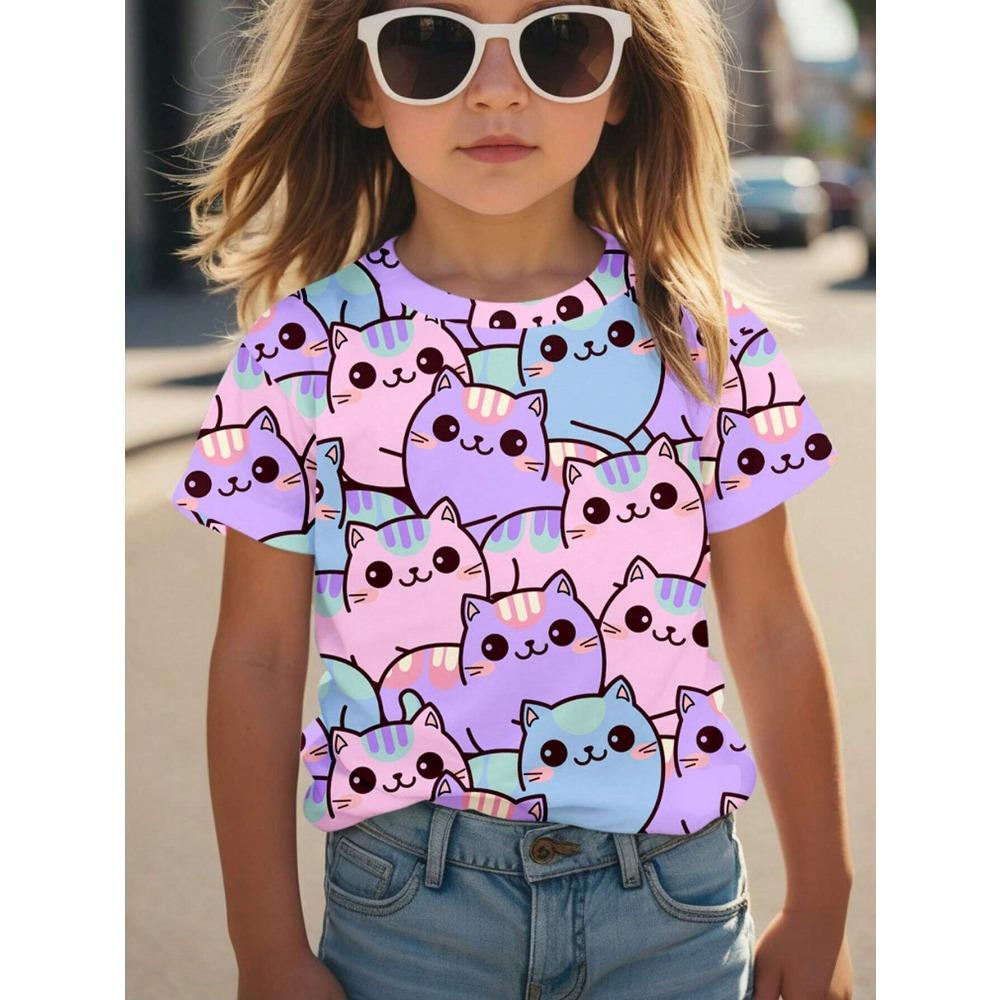 

Одежда для девочек Летняя футболка с 3D-принтом Кавайный графический кот Детская одежда для девочек для улицы с коротким рукавом Повседневный детский топ для девочек 160