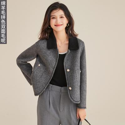 [Sheep Wool Coat] Short Color Blocked Double Sided Woolen Coat for Women Autumn/Winter, Flip Collar Cardigan with Side Pockets